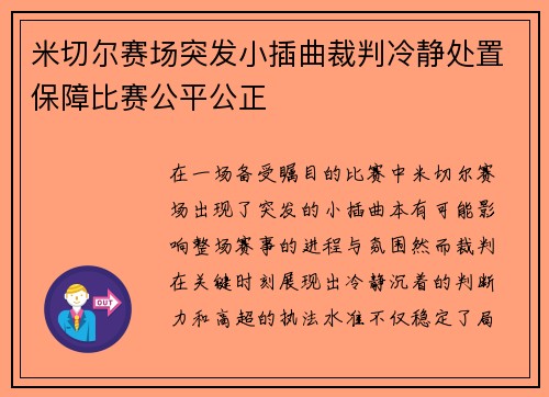 米切尔赛场突发小插曲裁判冷静处置保障比赛公平公正